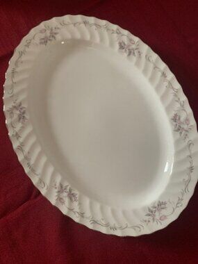 Gold Standard GST1 14" China Oval Platter Pink Floral with Gray Scrolls